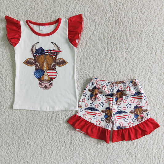 (Promotion)GSSO0046  Heifer Top Stars Shorts Girls 4th of July Clothes Set