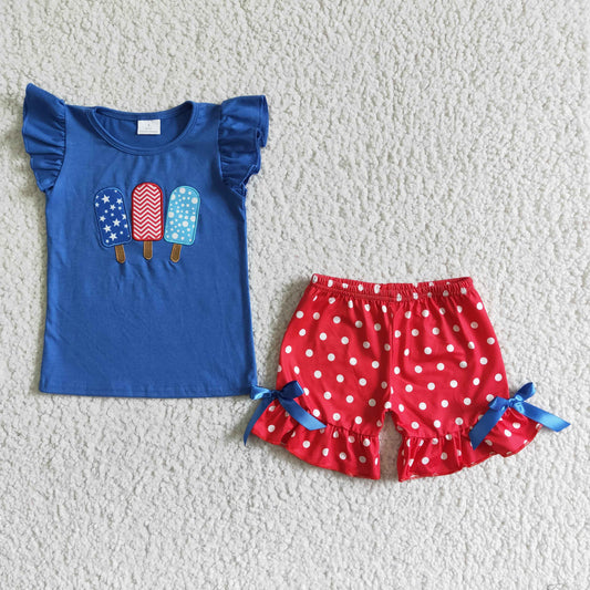 GSSO0090  Popsicle Embroidery Blue Top Red Dots Shorts Girls 4th of July Clothes Set