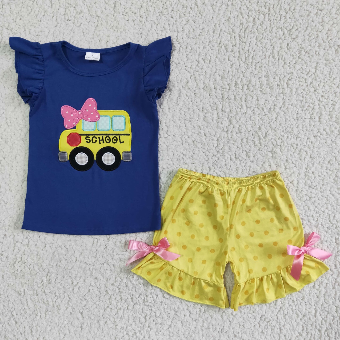 GSSO0091 School Bus Embroidery Blue Top Dots Shorts Girls Back to School Clothes Set