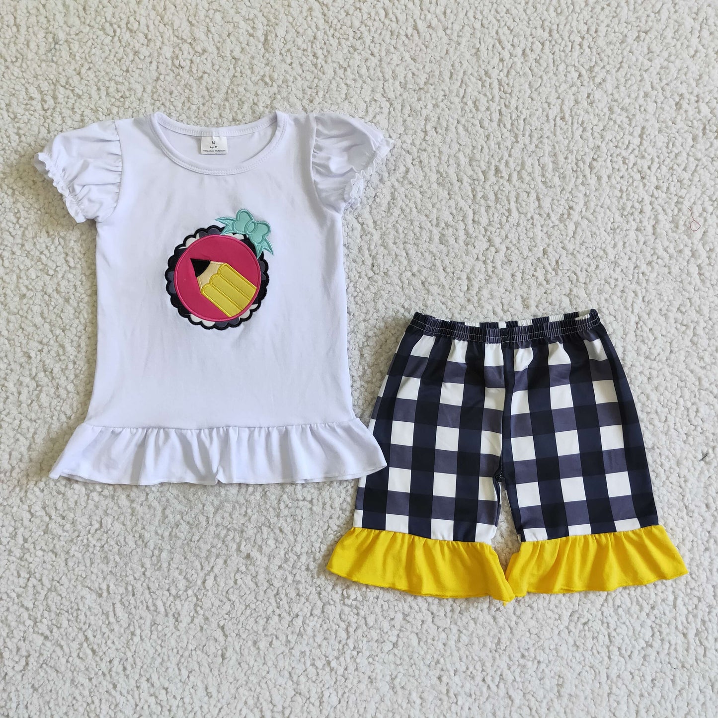 GSSO0102 Pen Embroidery White Top Plaid Shorts Girls Back to School Clothes Set