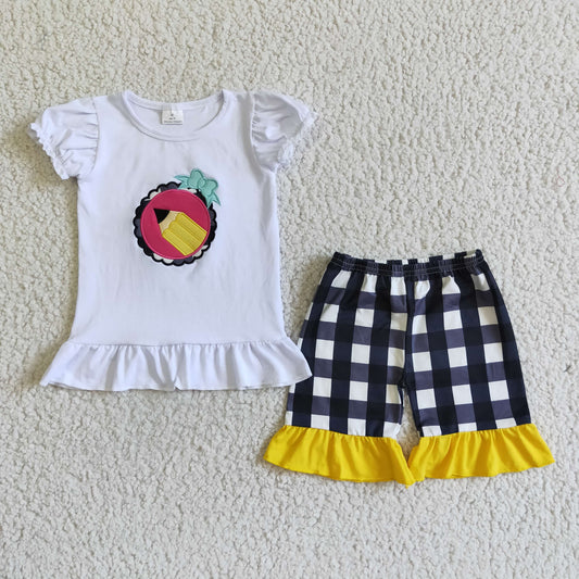 GSSO0102 Pen Embroidery White Top Plaid Shorts Girls Back to School Clothes Set