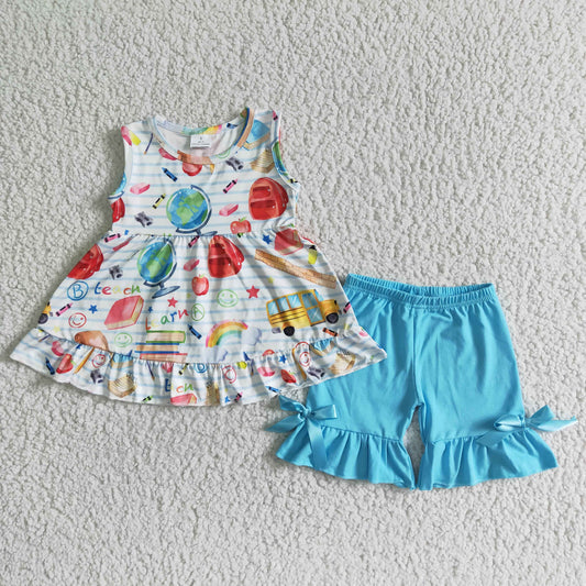 GSSO0112 Pen Apple Bus Tunic Top Blue Shorts Girls Back to School Clothes Set