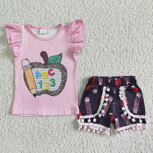 GSSO0116 Pen Apple ABC 123 Pink Top Pom-pom Shorts Girls Back to School Clothes Set