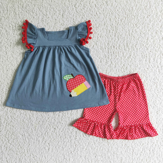 GSSO0120 Pen Apple Embroidery Grey Top Dots Shorts Girls Back to School Clothes Set