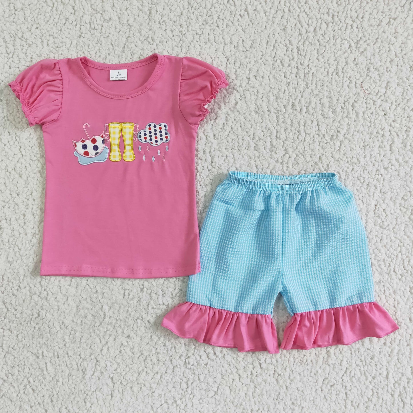 Sibling Baby Boys Girls Rain Boots Embroidery Top with Gingham Shors Outfit