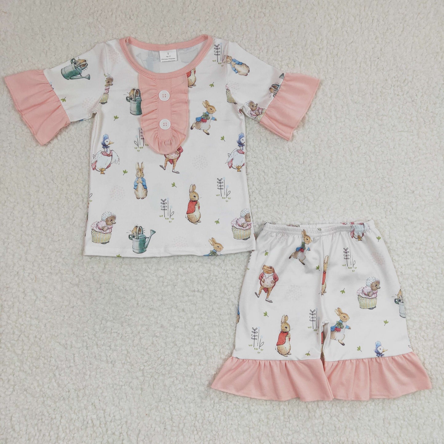 (Promotion)GSSO0155 Bunny Pink Print Shorts Girls Easter Pajamas Clothes Set