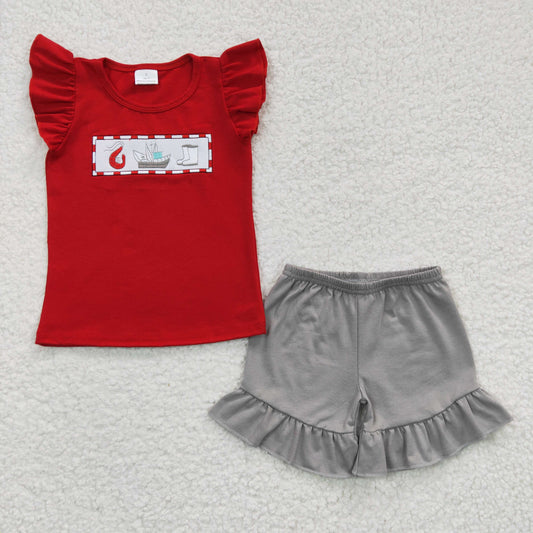 Matching Sibling Pirate Outfits - Red Embroidered T-Shirt & Gray Shorts Set for Brother & Sister
