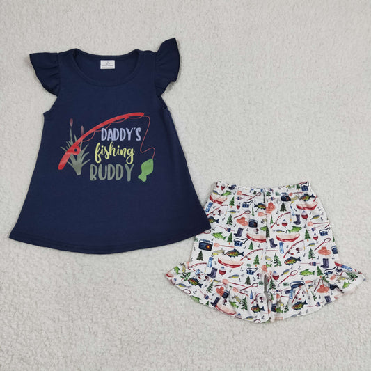 fishing vinyl navy top ruffle shorts Girls summer outfits  GSSO0165