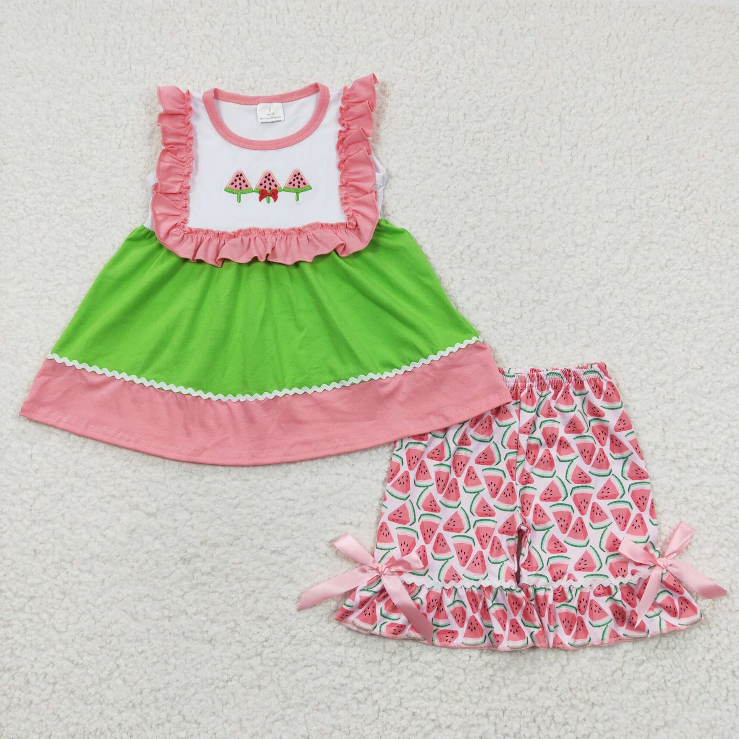 GSSO0179  Watermelon Embroidery Tunic Top Ruffle Shorts Girls Summer Clothes Set