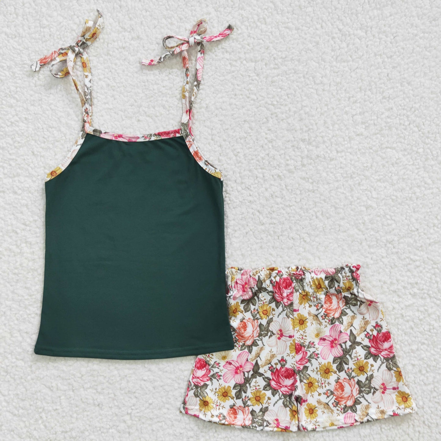 Baby Girls Green Tank Top With Floral Shorts Outfit