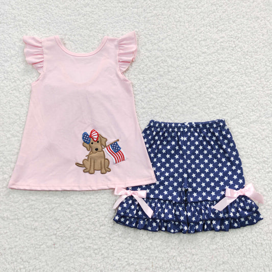 Puppy Flag Embroidery Top Stars Shorts Girls 4th of July Clothes Set
