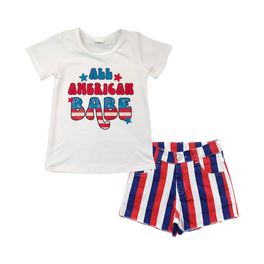 GSSO0329 All American Babe Graphic Tee & Patriotic Stripe Shorts Set - Girls