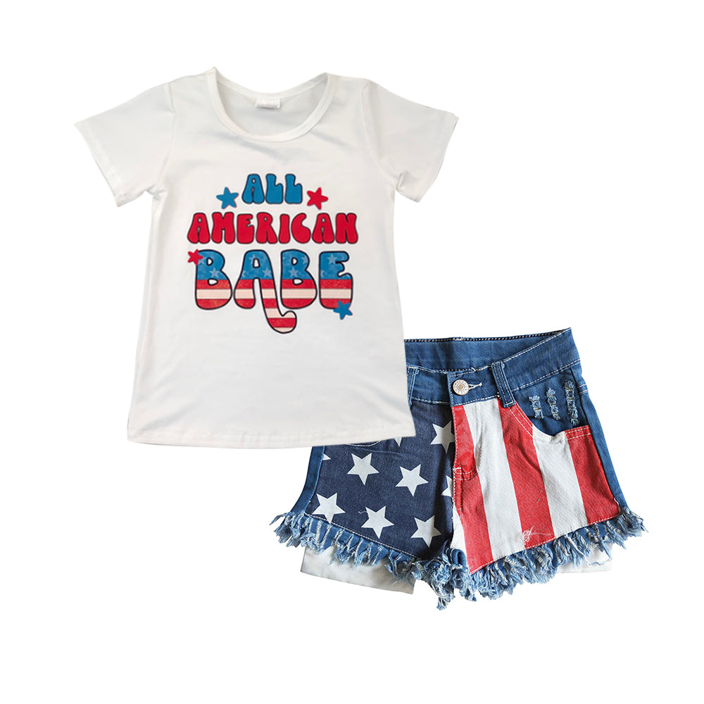 GSSO0331 All American Babe Tee & Flag Denim Frayed Shorts Set - Girls