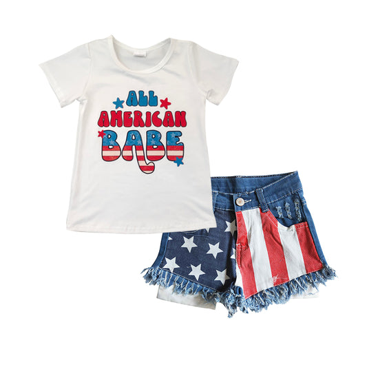 GSSO0331 All American Babe Tee & Flag Denim Frayed Shorts Set - Girls