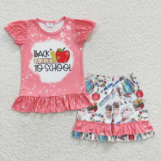 GSSO0355 Pen Apple Pink Top Ruffle Shorts Girls Back to School Clothes Set