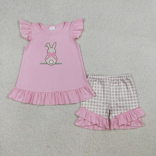 Bunny Embroidery Top Plaid Shorts Girls & Boys Easter Outfits Sibling Matching Styles