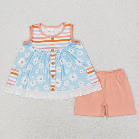 Sibling Baby Girls Sleeveless Bows Lemons Pockets Button Tunic Ruffle Shorts Outfit