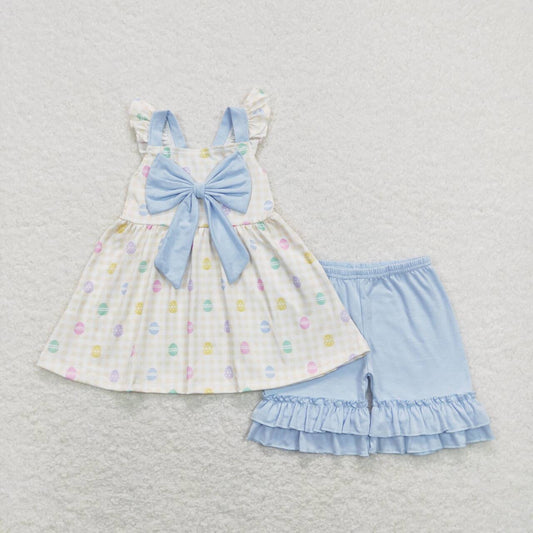 GSSO0420 Eggs Plaid Tunic Top Blue Ruffle Shorts Girls Easter Clothes Set