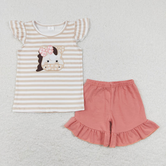 Sibling Baby Girls Embroidery Bow Horses Stripe Ruffle Shorts Western Clothes Sets Rompers