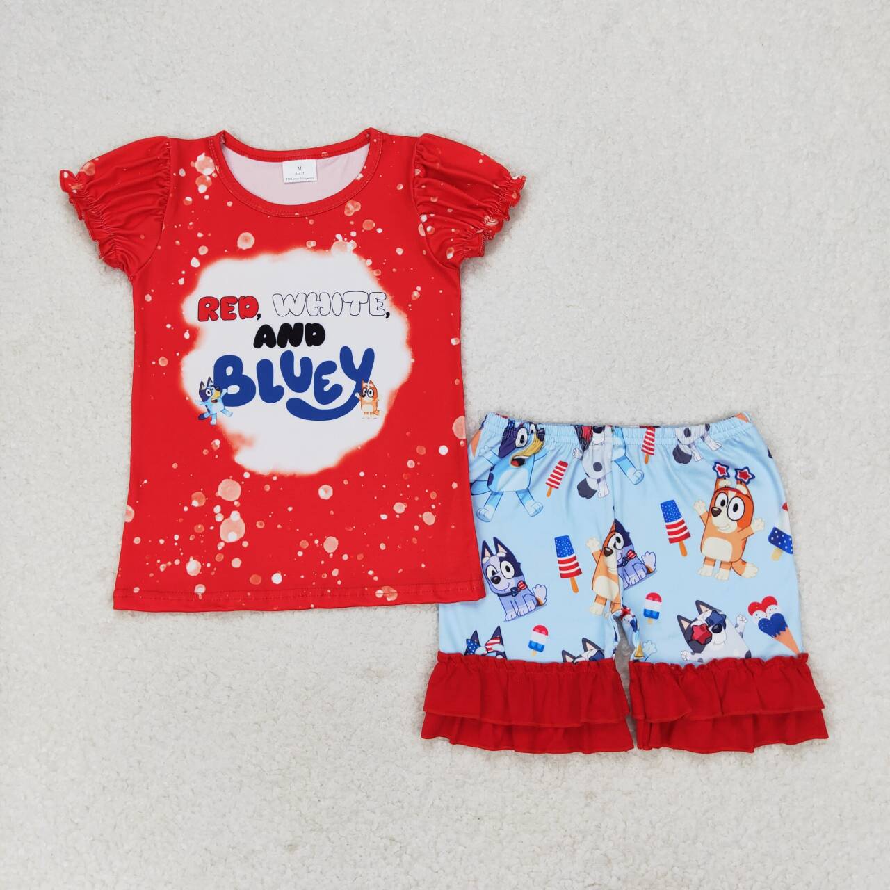 GSSO0543 Cartoon Dog Red Top Ruffle Shorts Baby Girls 4th of July Clothes Sets