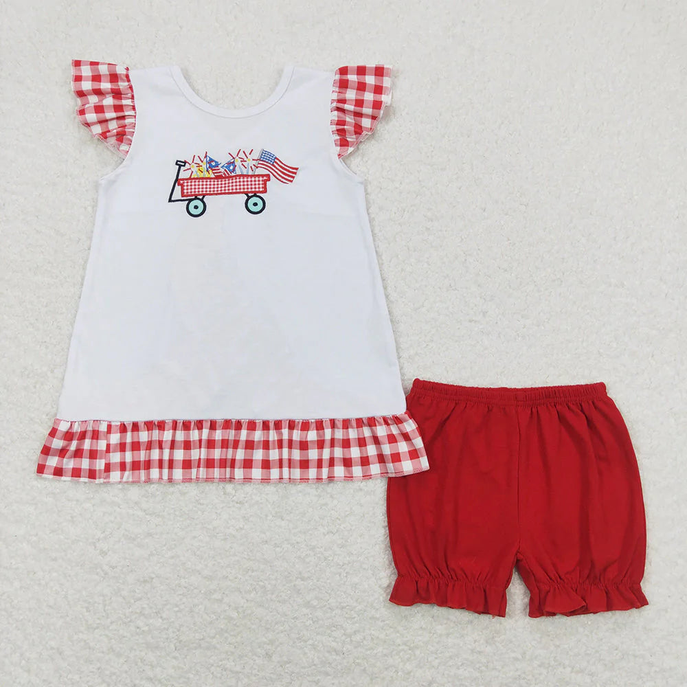 USA Patriotic Sibling Clothing 4th of July Truck Firework Embroidery Outfit