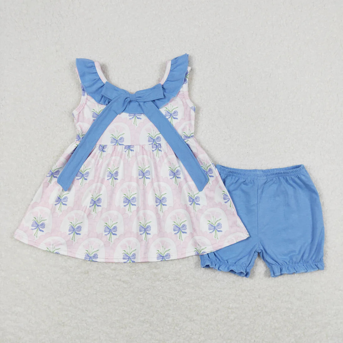 Sibling Baby Girls Sleeveless Floral Print Bow Tunic Ruffle Shorts Clothes Sets