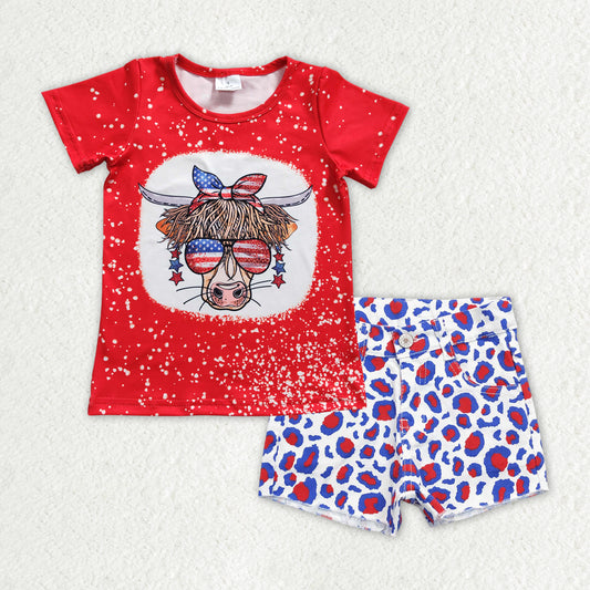 GSSO0757 Heifer Stars Top & Leopard Denim Shorts Girls 4th of July Outfits
