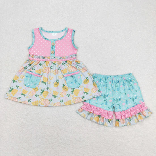 Sibling Baby Girls Sleeveless Bows Lemons Pockets Button Tunic Ruffle Shorts Outfit