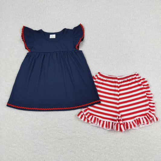 GSSO0796 Navy Flutter Sleeve Tunic Top Red Stripes Shorts Baby Girls 4th of July Clothes Sets