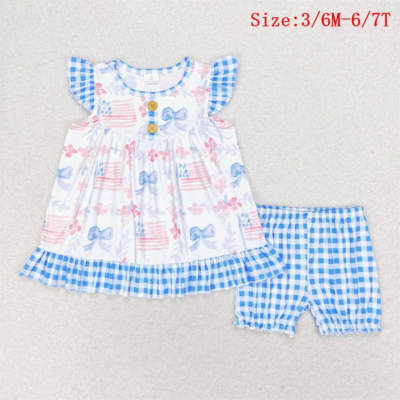 GSSO1139 Flag Bows Flowers Top Plaid Shorts Baby Girls 4th of July Clothes Sets