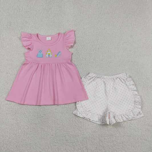 Girls Princess Embroidered Outfit - Pink Ruffle Top & Heart Print Ruffle Shorts Set