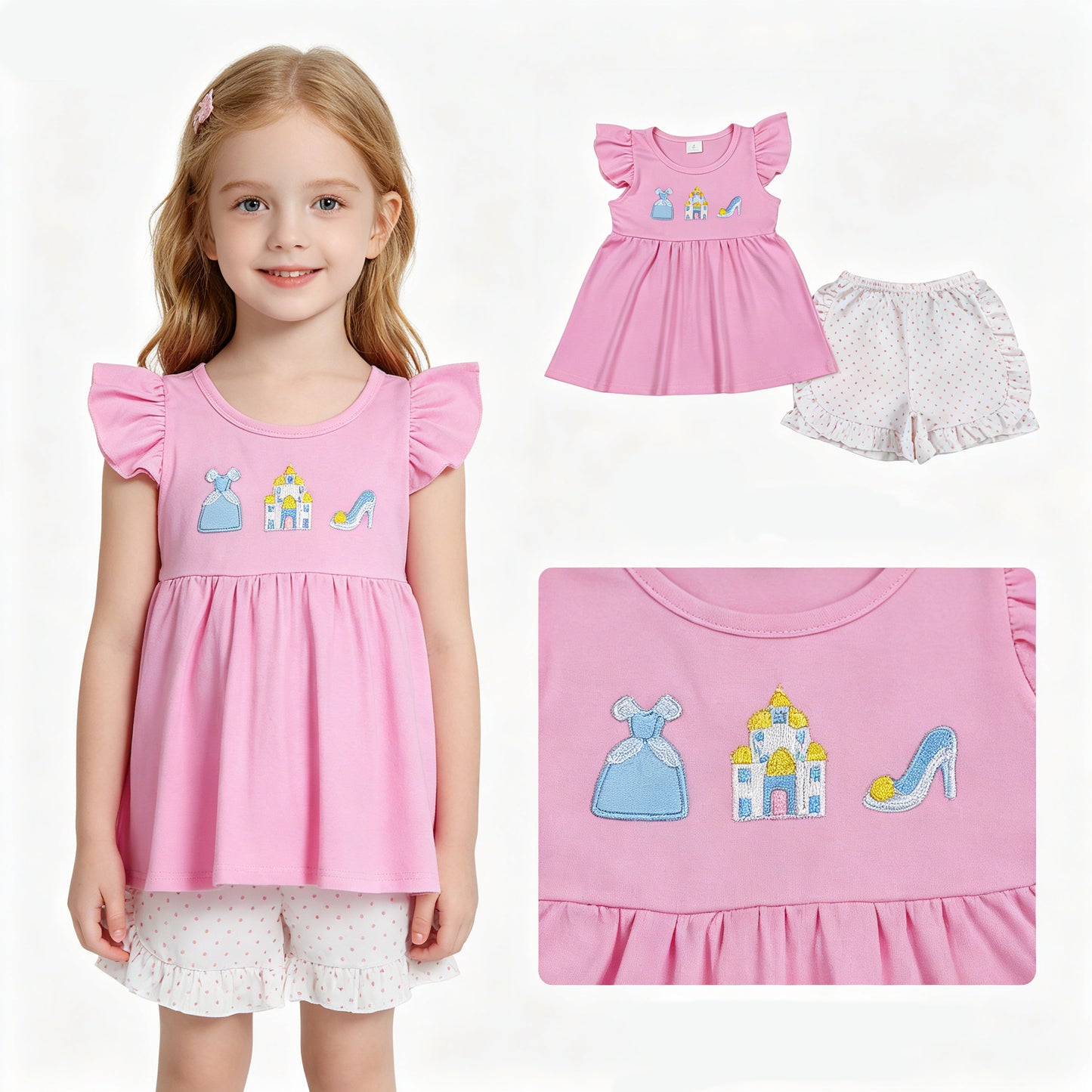 Girls Princess Embroidered Outfit - Pink Ruffle Top & Heart Print Ruffle Shorts Set