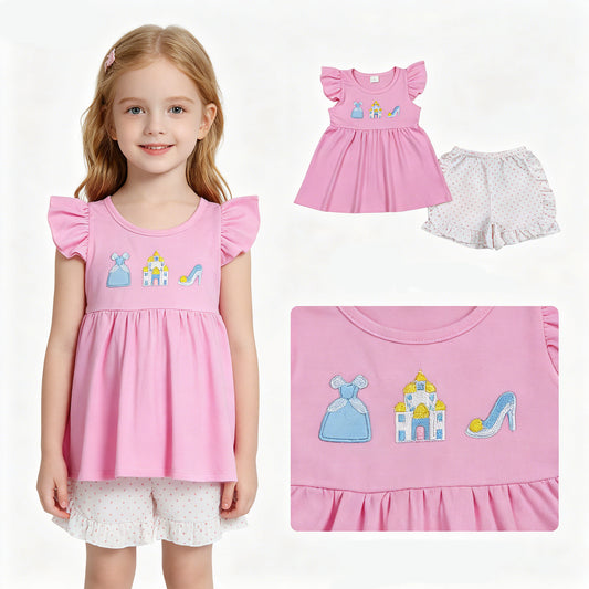 Girls Princess Embroidered Outfit - Pink Ruffle Top & Heart Print Ruffle Shorts Set