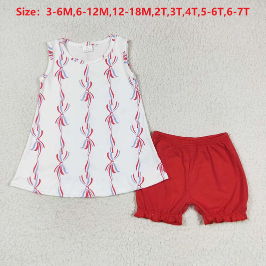 GSSO1199 Bows Sleeveless Top Red Shorts Baby Girls 4th of July Clothes Sets