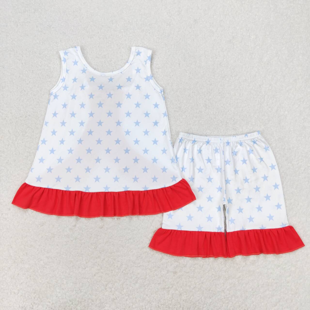 GSSO1217 Blue Stars Backless Top Ruffle Shorts Baby Girls 4th of July Clothes Sets