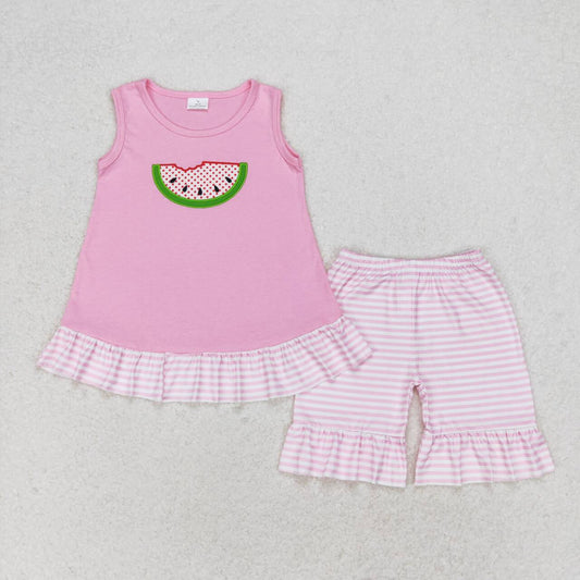 GSSO1239  Watermelon Embroidery Sleeveless Top Pink Stripes Shorts Girls Summer Clothes Set
