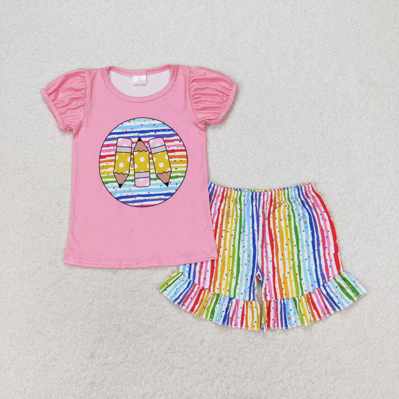 GSSO1366 Pen Pink Top Colorful Stripes Shorts Girls Back to School Clothes Set
