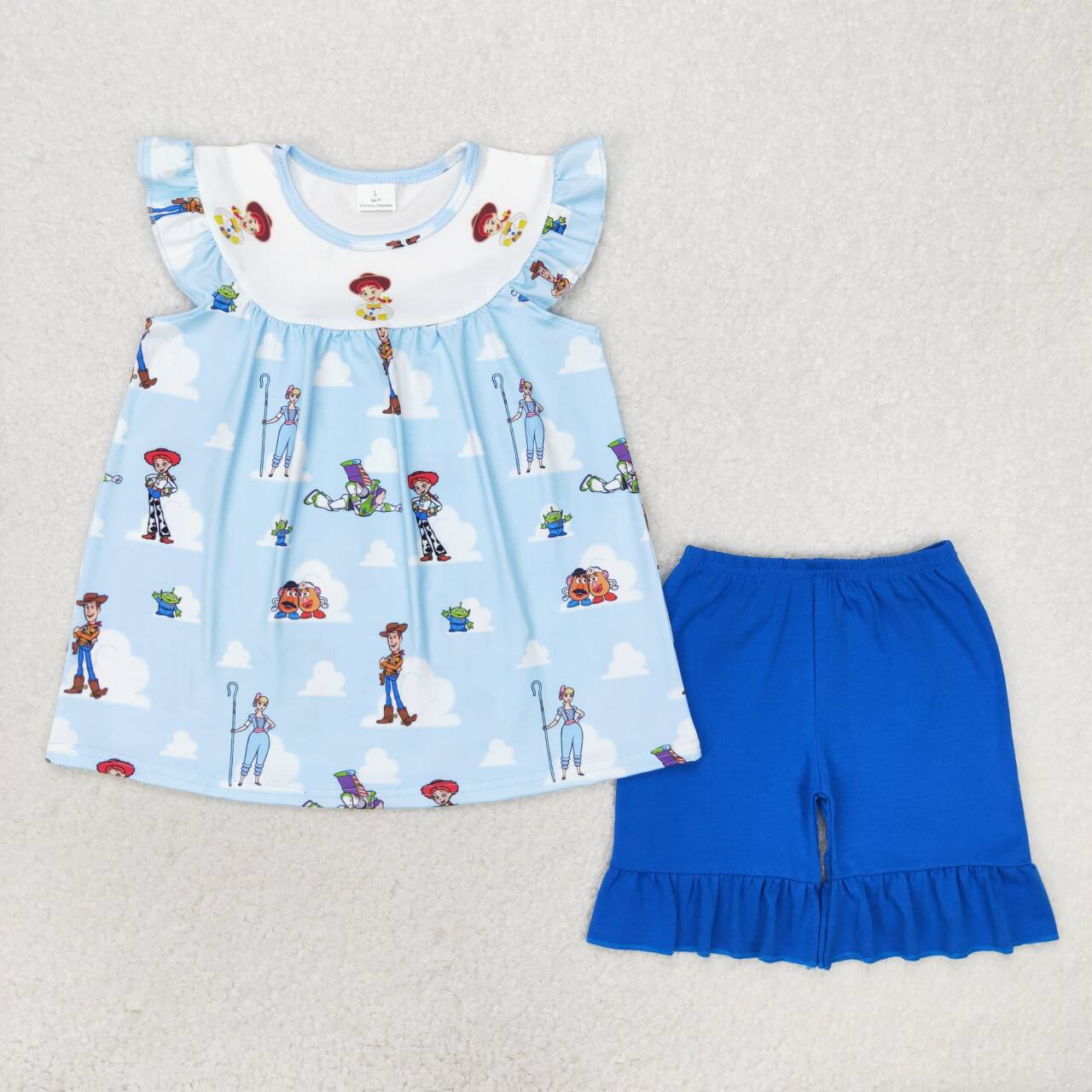 GSSO1373  Cartoon Toys Tunic Top Blue Shorts Girls Summer Clothes Set