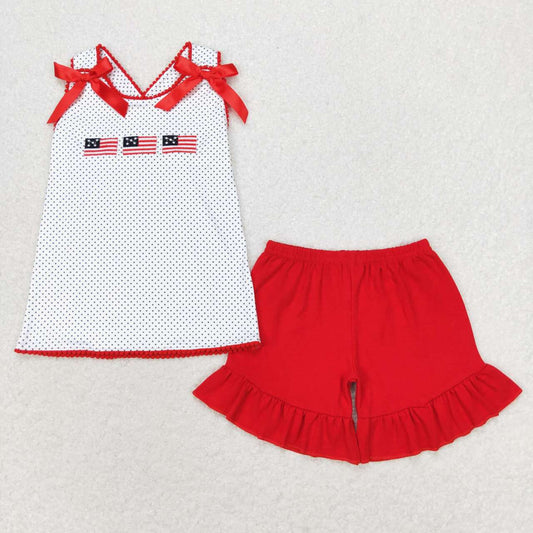 GSSO1414 Flag Embroidery Dots Top Red Shorts Girls 4th of July Outfits