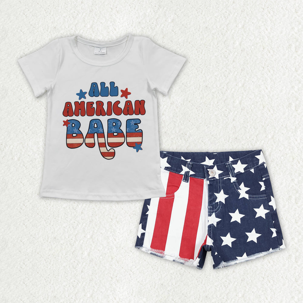 GSSO1438 ALL AMERICAN BABE Top & Stars Stripes Denim Shorts Girls 4th of July Outfits
