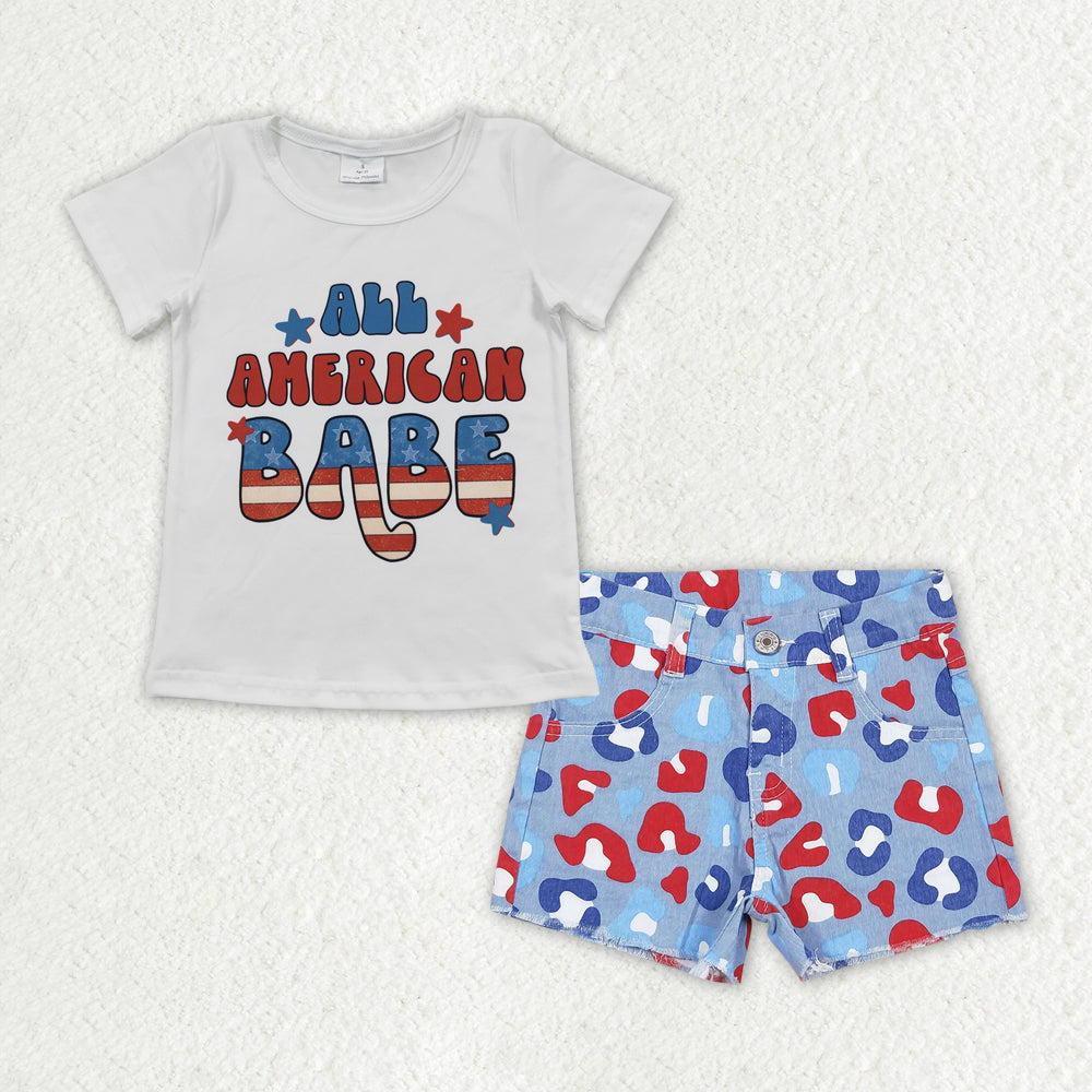 GSSO1440 ALL AMERICAN BABE Top & Leopard Denim Shorts Girls 4th of July Outfits
