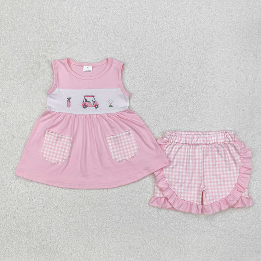 Summer Sibling Toddler Girls Embroidery Golf Car Shorts Outfit
