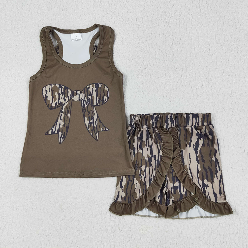 GSSO1627  Camo Bow Vest Top Ruffle Shorts Girls Summer Clothes Set