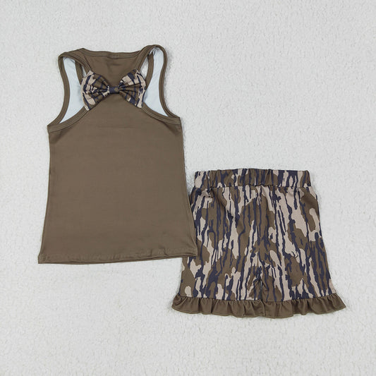 GSSO1627  Camo Bow Vest Top Ruffle Shorts Girls Summer Clothes Set