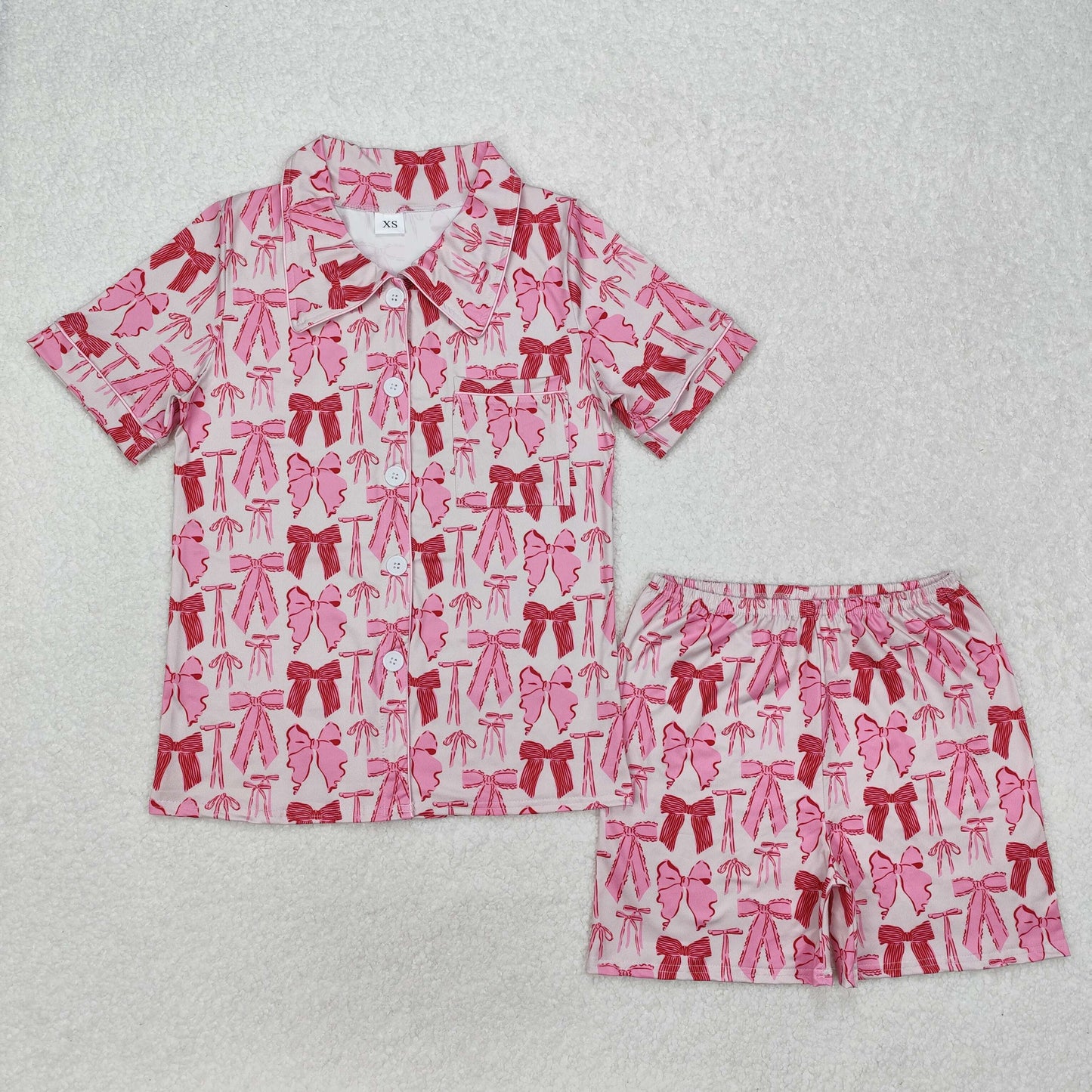 Mama and Me Colorful Bows Pocket Button Top Shorts Pajamas Sets