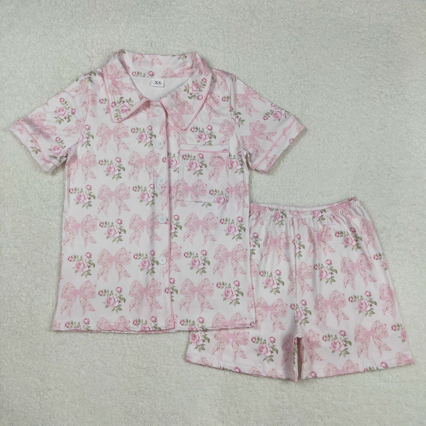 Mama and Me Colorful Bows Pocket Button Top Shorts Pajamas Sets