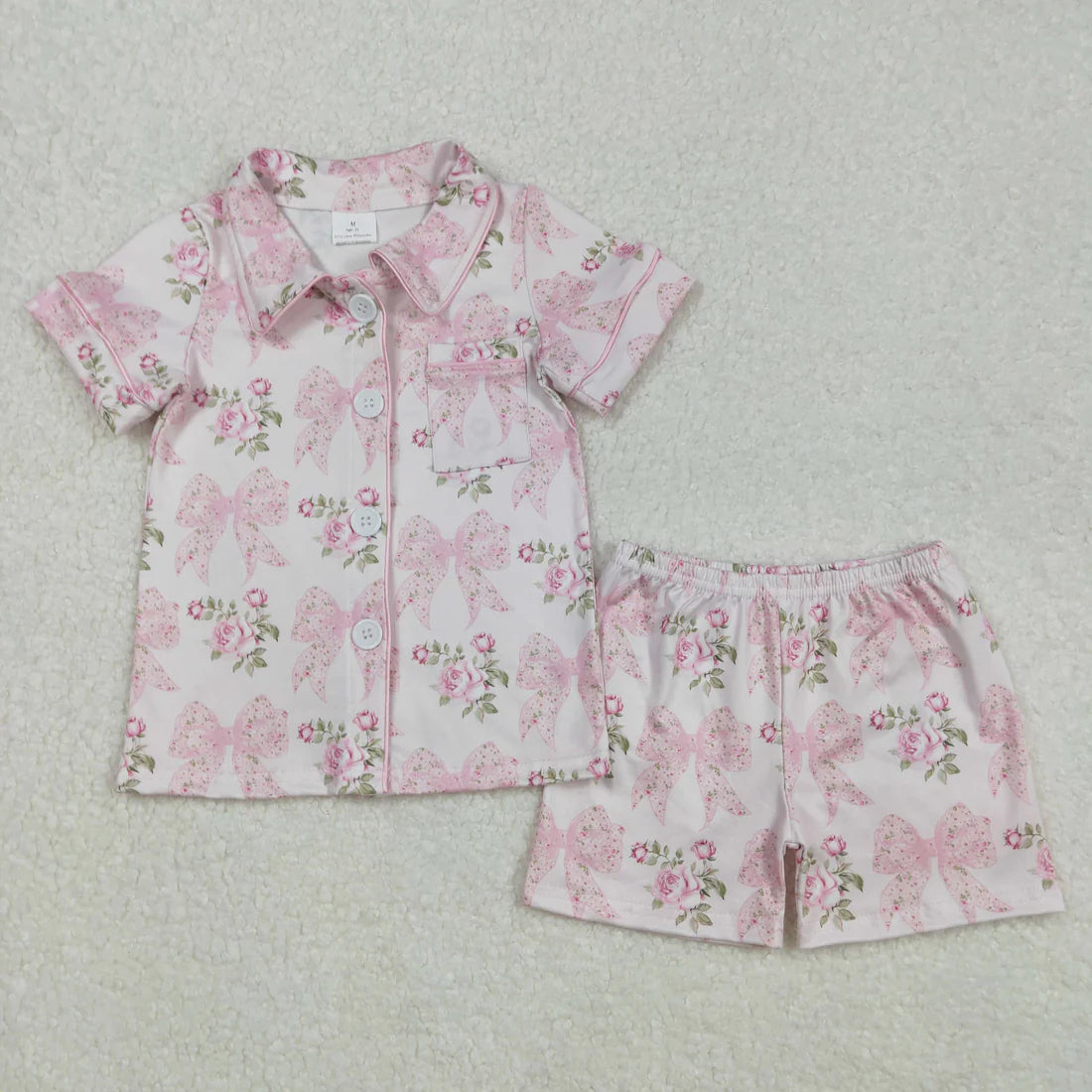 Sibling Baby Girls Colorful Bows Buttons Shirt Shorts Pajamas Outfit