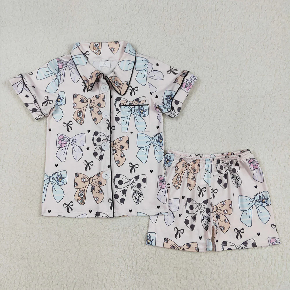 Sibling Baby Girls Colorful Bows Buttons Shirt Shorts Pajamas Outfit