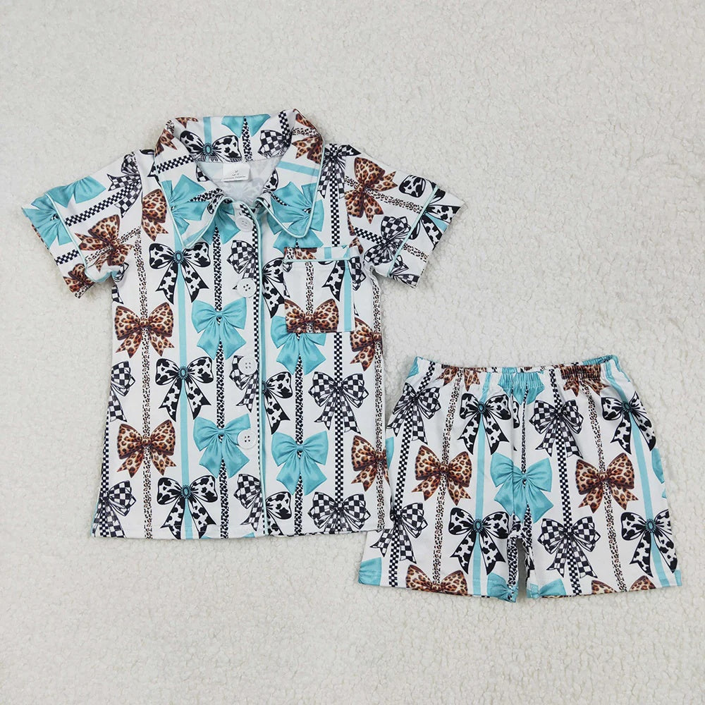Mommy & Me Bow Print Button-Up Pajama Set – Turquoise Mix
