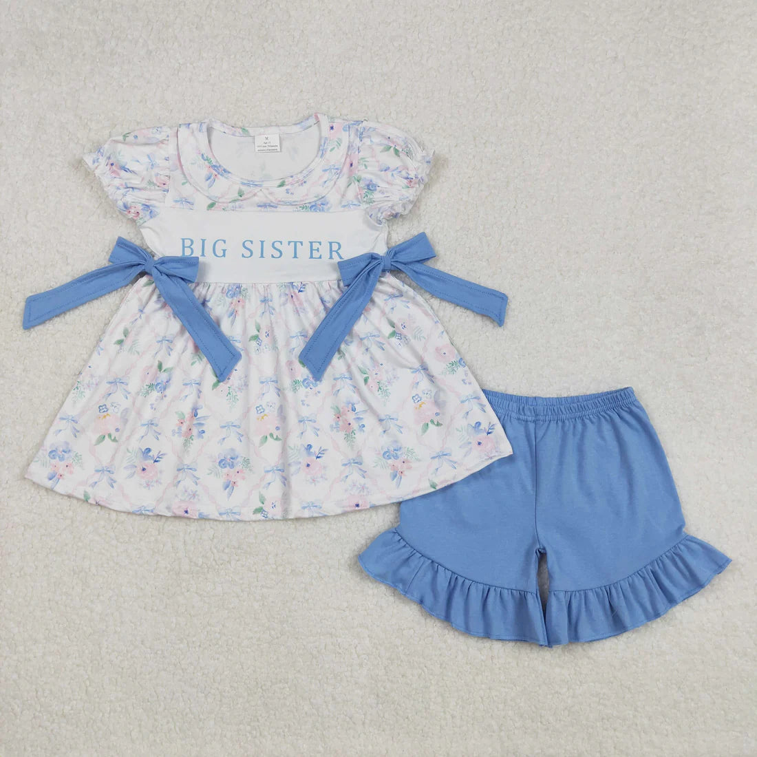Baby Girls Blue Flowers Big Sister Tunic Ruffle Shorts Clothes Sets